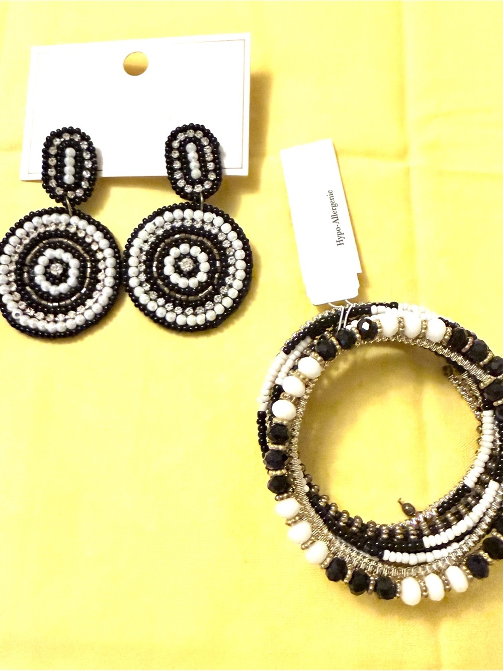 Charming Charlie Black & White Beaded Bracelet and Earrings Set